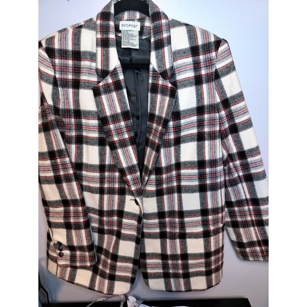 VTG White Stag Women's Size 12 Plaid Wool‎ Blend Blazer Black Red Cream Color - Picture 2 of 4